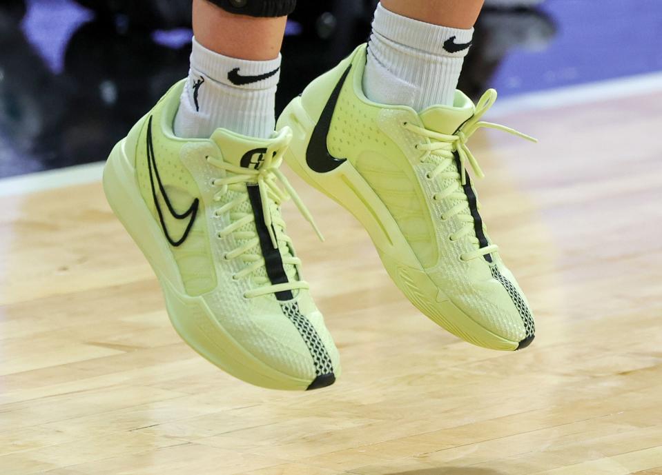 LAS VEGAS, NEVADA - AUGUST 17: Sabrina Ionescu #20 of the New York Liberty wears Nike shoes as she warms up before a game against the Las Vegas Aces at Michelob ULTRA Arena on August 17, 2023 in Las Vegas, Nevada. The Aces defeated the Liberty 88-75. NOTE TO USER: User expressly acknowledges and agrees that, by downloading and or using this photograph, User is consenting to the terms and conditions of the Getty Images License Agreement. (Photo by Ethan Miller/Getty Images)