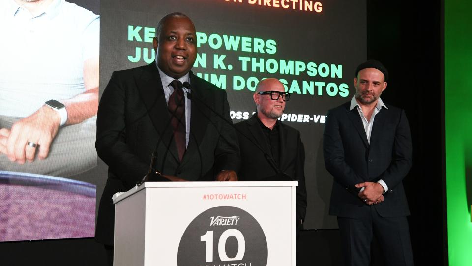 BURBANK, CALIFORNIA - JULY 18: (L-R) Kemp Powers, Justin K. Thompson and Joaquim Dos Santos speak onstage during Variety 10 Animators to Watch presented by Nickelodeon at Nickelodeon Animation Studio on July 18, 2023. (Photo by Jon Kopaloff/Variety via Getty Images)