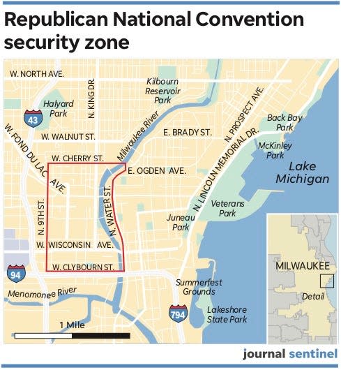Milwaukee Mayor Cavalier Johnson and the U.S. Secret Service released the map of the security zone for RNC venues of Fiserv Forum, the UW-Milwaukee Panther Arena and the Baird Center.