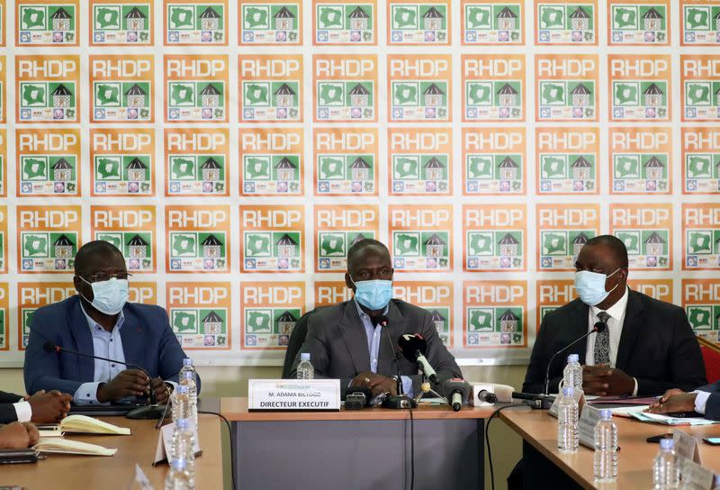 Mr Adama Bictogo, the executive director of the RHDP talks during a crisis meeting in Abidjan