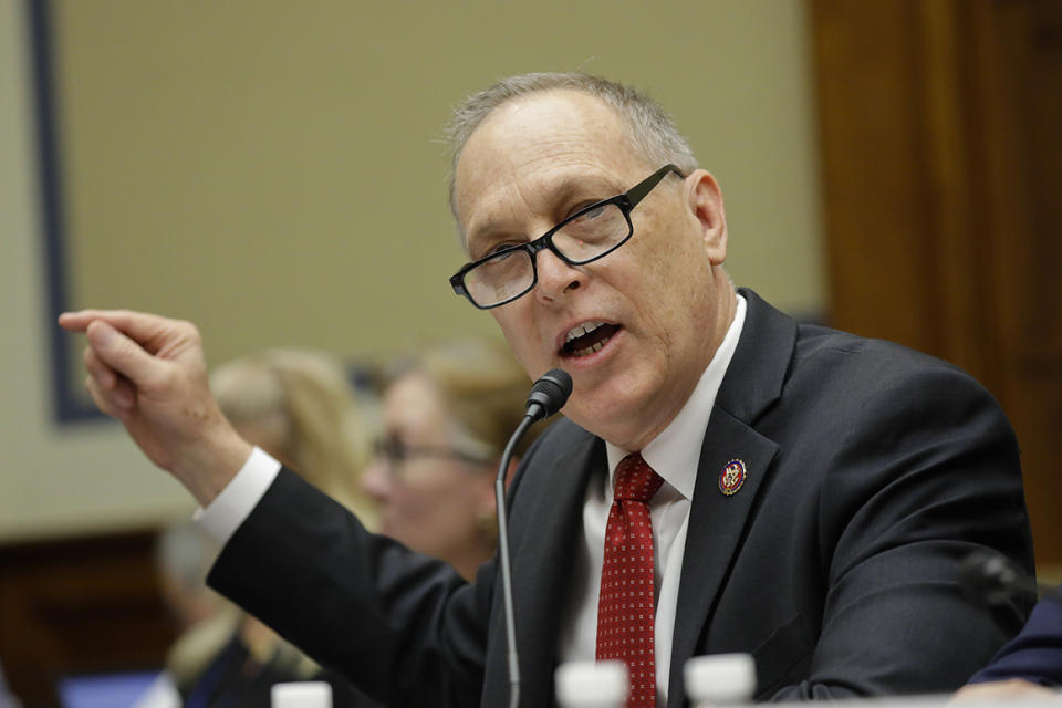 Rep. Andy Biggs, R-Ariz., gestures while speaking before the House Oversight Committee hearing on family separation and detention centers, Friday, July 12, 2019 on Capitol Hill in Washington. (AP Photo/Pablo Martinez Monsivais)