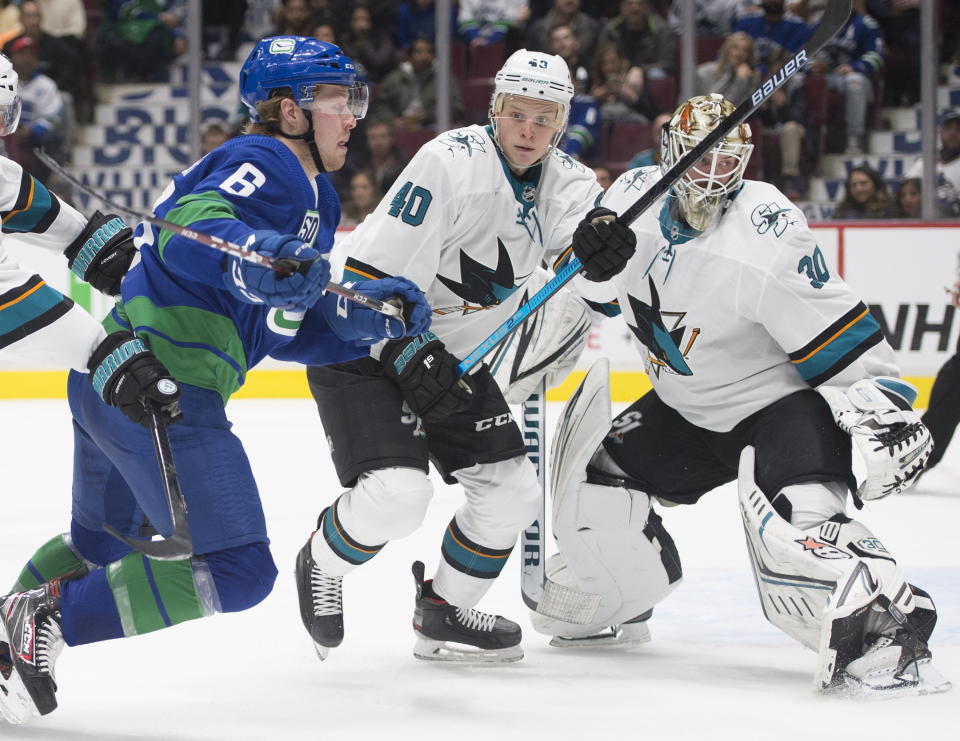 San Jose Sharks center Antti Suomela (40) tries to clear Vancouver Canucks right wing Brock Boeser (6) from in front of Sharks goaltender Aaron Dell (30) during the second period of an NHL hockey game Saturday, Jan. 18, 2020, in Vancouver, British Columbia. (Jonathan Hayward/The Canadian Press via AP)