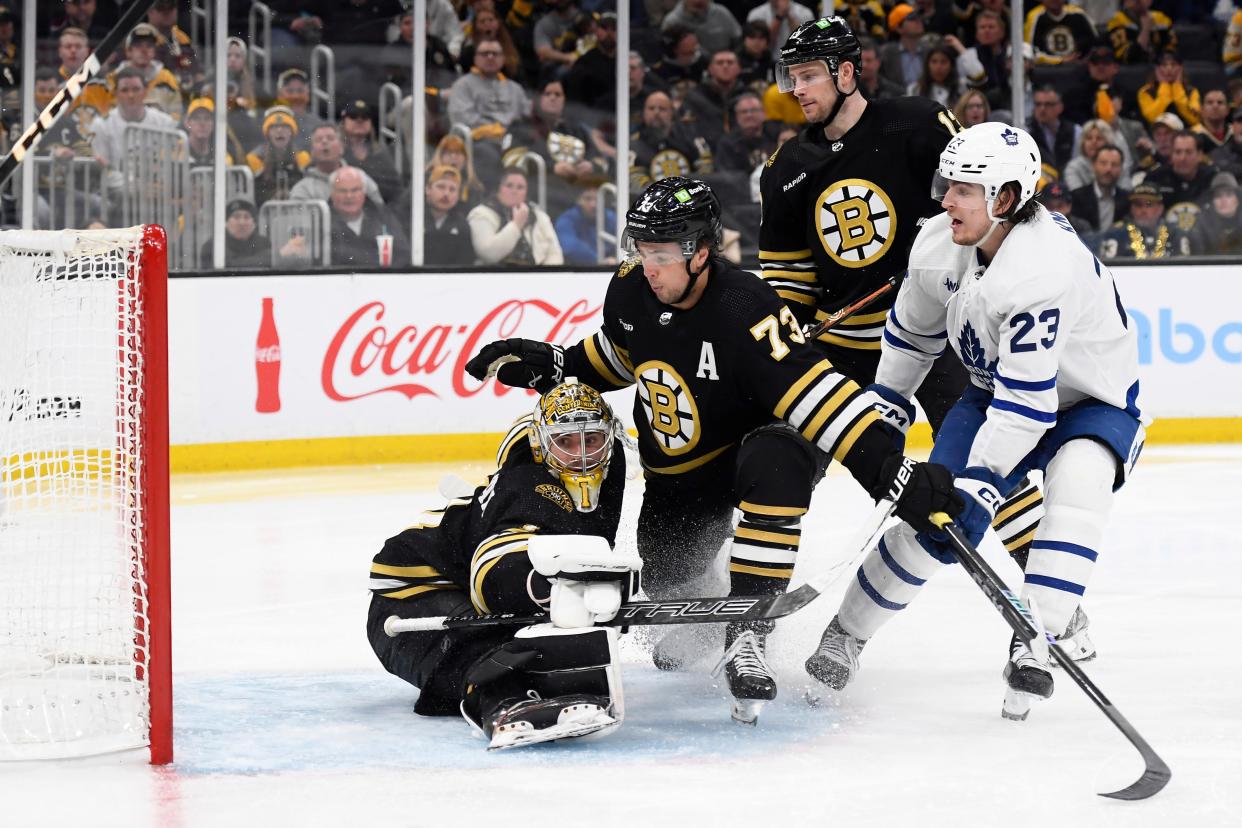 Toronto Maple Leafs left wing Matthew Knies (23) scores in overtime past Boston Bruins goaltender Jeremy Swayman on April 30.