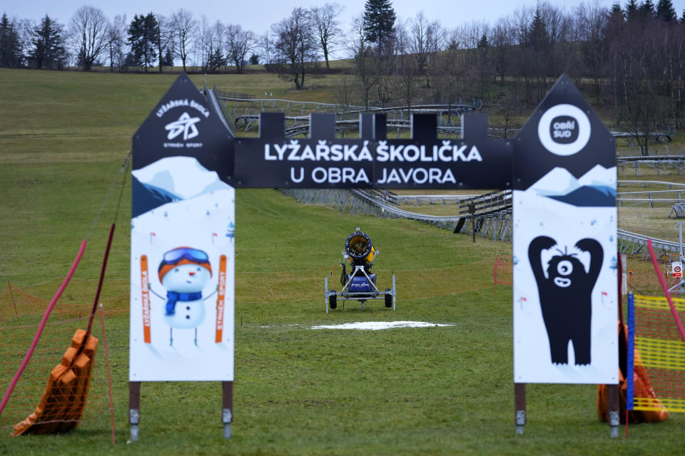 FILE - View of a closed ski slope at a ski resort near Liberec, Czech Republic, on Jan. 5, 2023. Europe has dodged an energy apocalypse this winter, economists and officials say, thanks to unusually warm weather and efforts to find other sources of natural gas after Russia cut off most of its supply to the continent. (AP Photo/Petr David Josek, File)