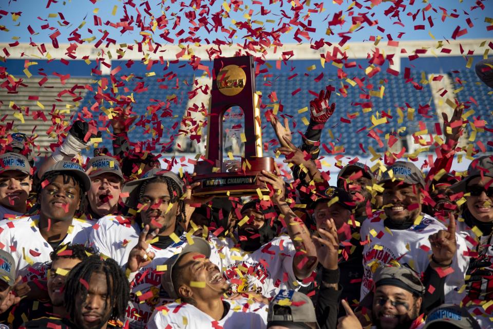 Ferris State players celebrate after winning the NCAA Division II football championship against the Colorado School of Mines on Saturday, Dec. 17, 2022 in McKinney, Texas. Ferris State won the game by a final of 41-14.
