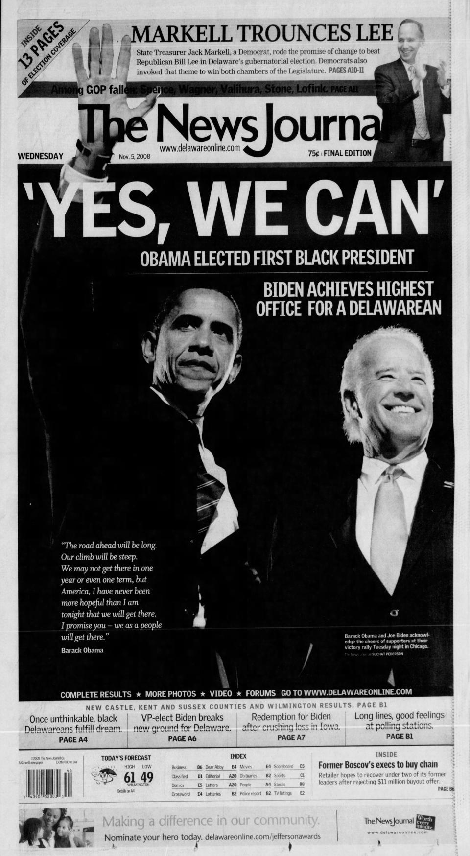 Front page of The News Journal from Nov. 5, 2008.