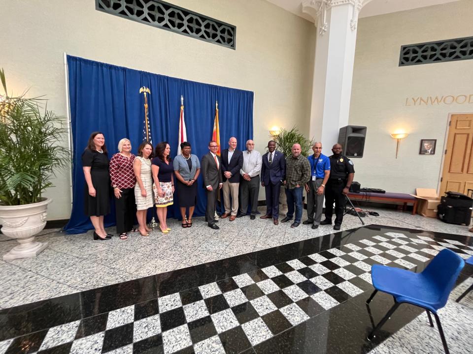 Duval County Public Schools board members, Superintendent Diana Greene, City of Jacksonville Mayor Lenny Curry, city council members, Tom Czyz, CEO of Armoured One and
Duval Schools Police Chief Greg Burton gathered to announce a partnership focused on school security enhancements.