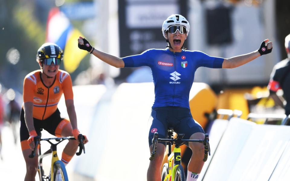 Elisa Balsamo celebrates winning ahead of Marianne Vos - Velo