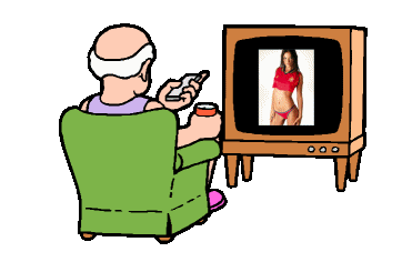 Cartoon of elderly man watching television