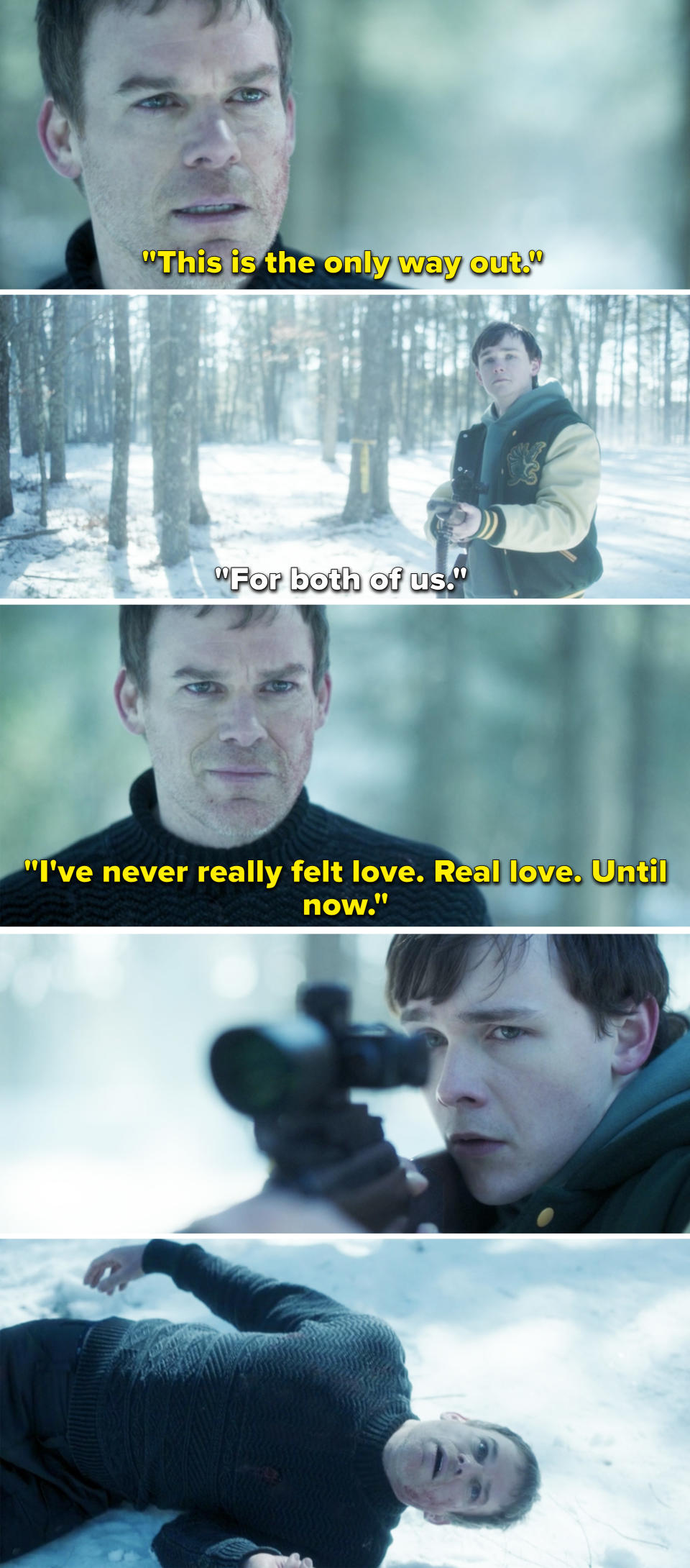 Dexter encouraging Harrison to shoot him and saying this is the first time he's felt love