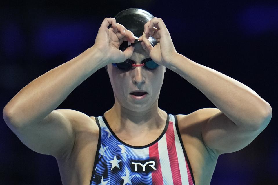 Katie Ledecky participates in the Women's 400 Freestyle during wave 2 of the U.S. Olympic Swim Trials on Monday, June 14, 2021, in Omaha, Neb. (AP Photo/Jeff Roberson)