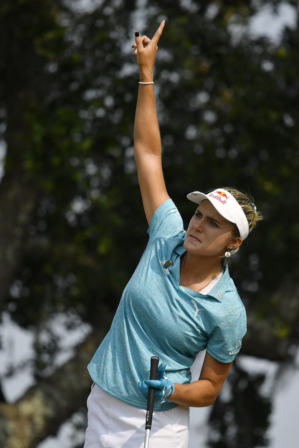 Lexi Thompson reacts to her tee shot off the 10th tee during the final round of the U.S. Women's Open golf tournament, Sunday, June 2, 2019, in Charleston, S.C. (AP Photo/Mike Stewart)