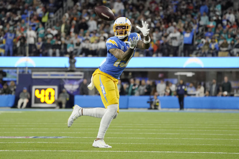 Los Angeles Chargers wide receiver Keenan Allen catches a pass during the second half of an NFL football game against the Miami Dolphins Sunday, Dec. 11, 2022, in Inglewood, Calif. (AP Photo/Mark J. Terrill)