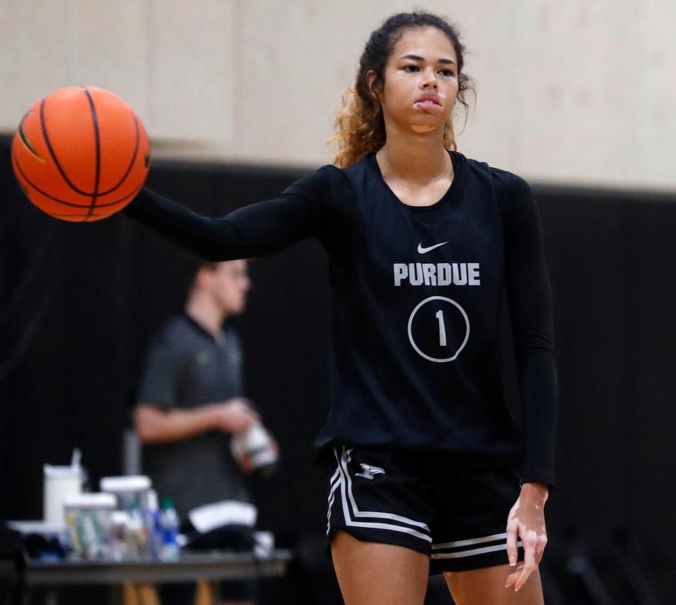 Purdue Boilermakers guard Amiyah Reynolds (1) passes the ball during a basketball practice, Thursday, Oct. 5, 2023, at Cardinal Court in West Lafayette, Ind.