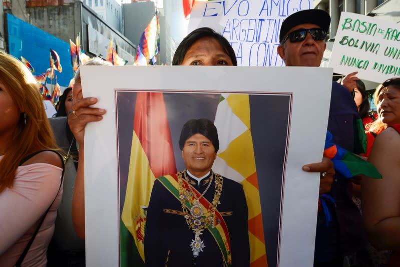 Supporters of Bolivia's President Evo Morales participate in a march, in Buenos Aires