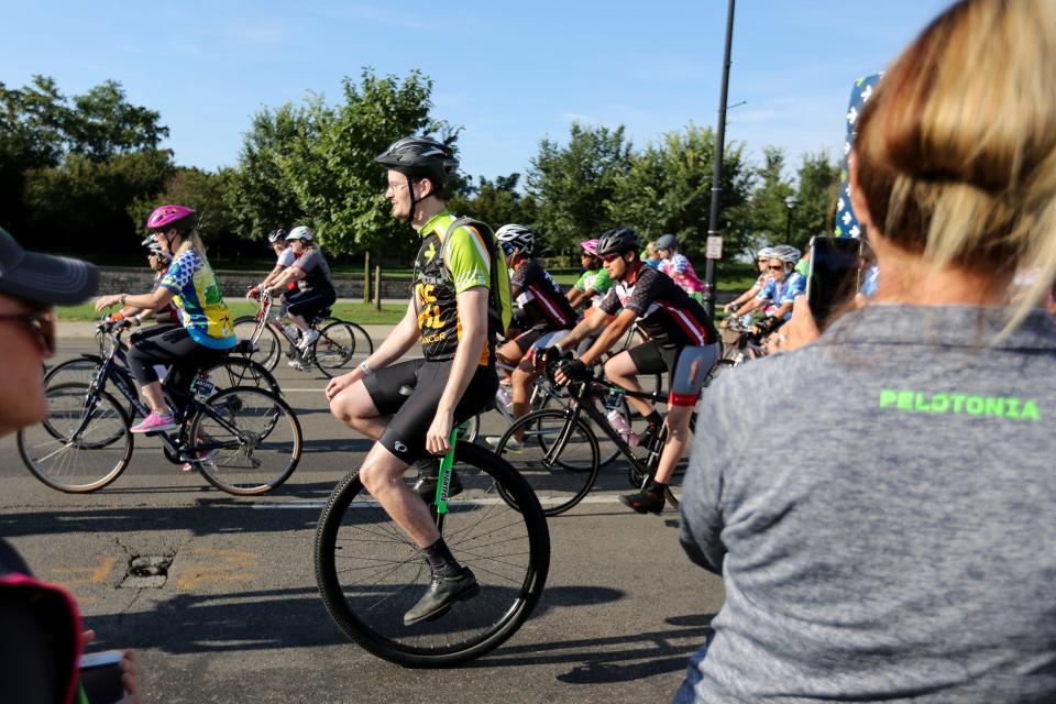 A unicyclist starts the 25 mile Pelotonia course at McFerson Commons in 2015.