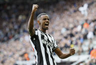 Newcastle United's Alexander Isak celebrates scoring his side's first goal during the English Premier League soccer match between Newcastle United and West Ham at St. James' Park, Newcastle upon Tyne, England, Saturday March 30, 2024. (Richard Sellers/PA via AP)