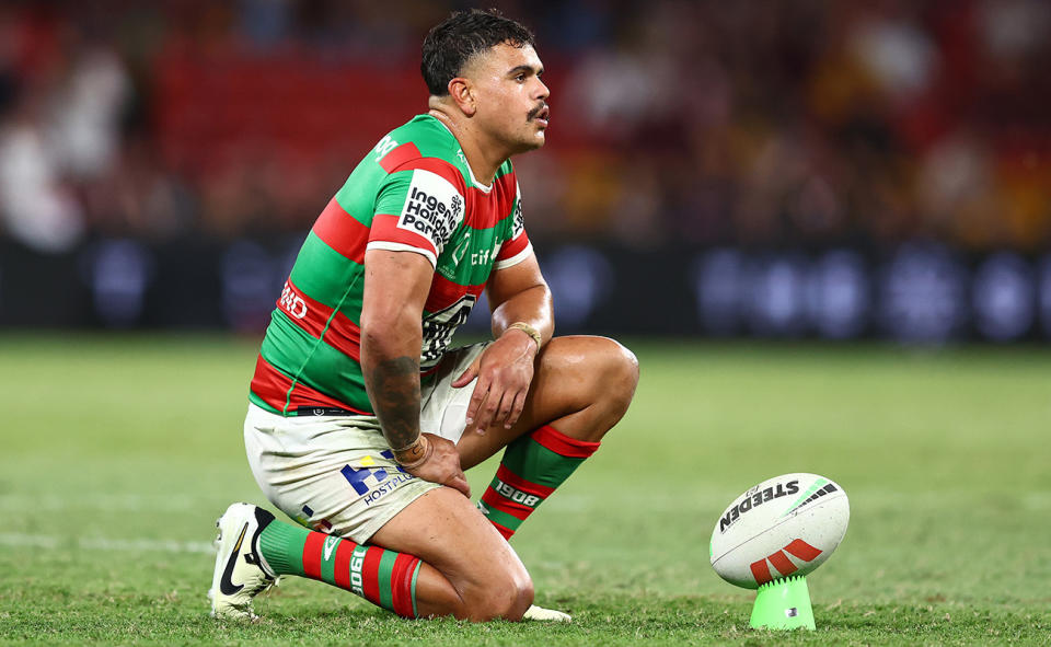 Latrell Mitchell, pictured here in action for South Sydney against the Broncos.