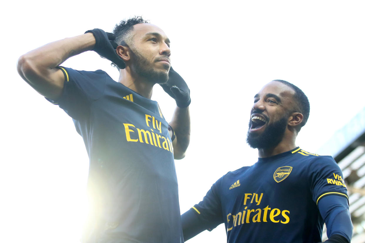 Pierre-Emerick Aubameyang of Arsenal celebrates scoring his sides first goal. (Credit: Getty Images)