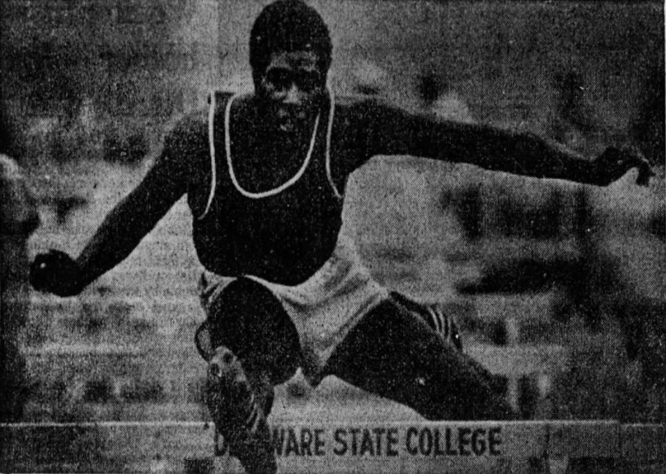 Tower Hill's Ken Williams competes at the state meet in the high hurdles in 1976.