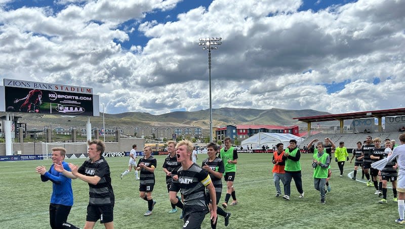 Manti celebrates its win over Juab in the 3A semifinal at Zions Banks Stadium on Thursday, May 9, 2024
