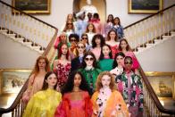 Models pose wearing creations from the Bora Aksu Spring/Summer 2022 catwalk show at London Fashion Week in London