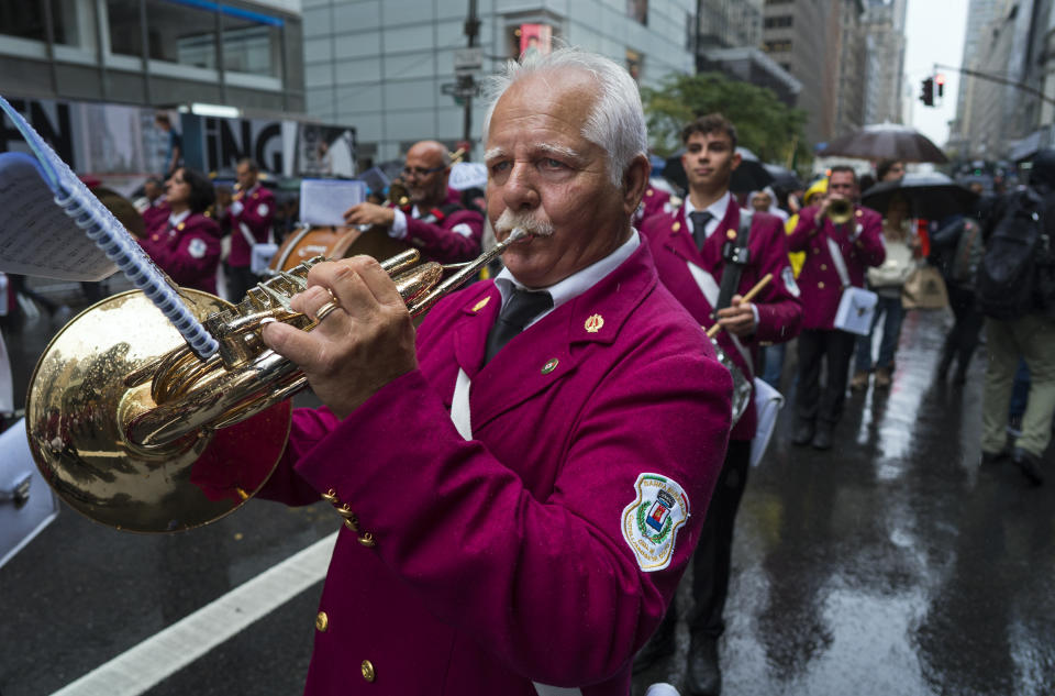 <p>A band representing Castellammare del Golfo, Italy, marches along 5th Avenue in New York during the annual Columbus Day Parade on Monday, Oct. 9, 2017. (Photo: Craig Ruttle/AP) </p>