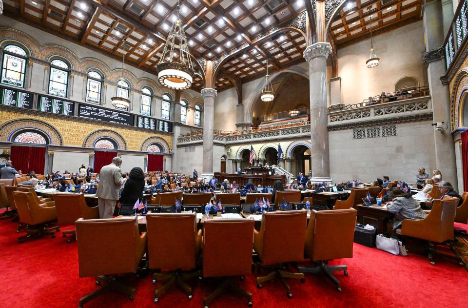 The New York state Assembly Chamber is seen as lawmakers debate end of session legislative bills at the state Capitol in Albany, N.Y., Wednesday, June 7, 2023. (AP Photo/Hans Pennink) ORG XMIT: NYHP121