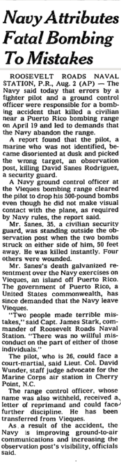 Recorte de The New York Times en el que se cuenta la noticia del bombardeo que mató a David Sanes Rodríguez en Puerto Rico.