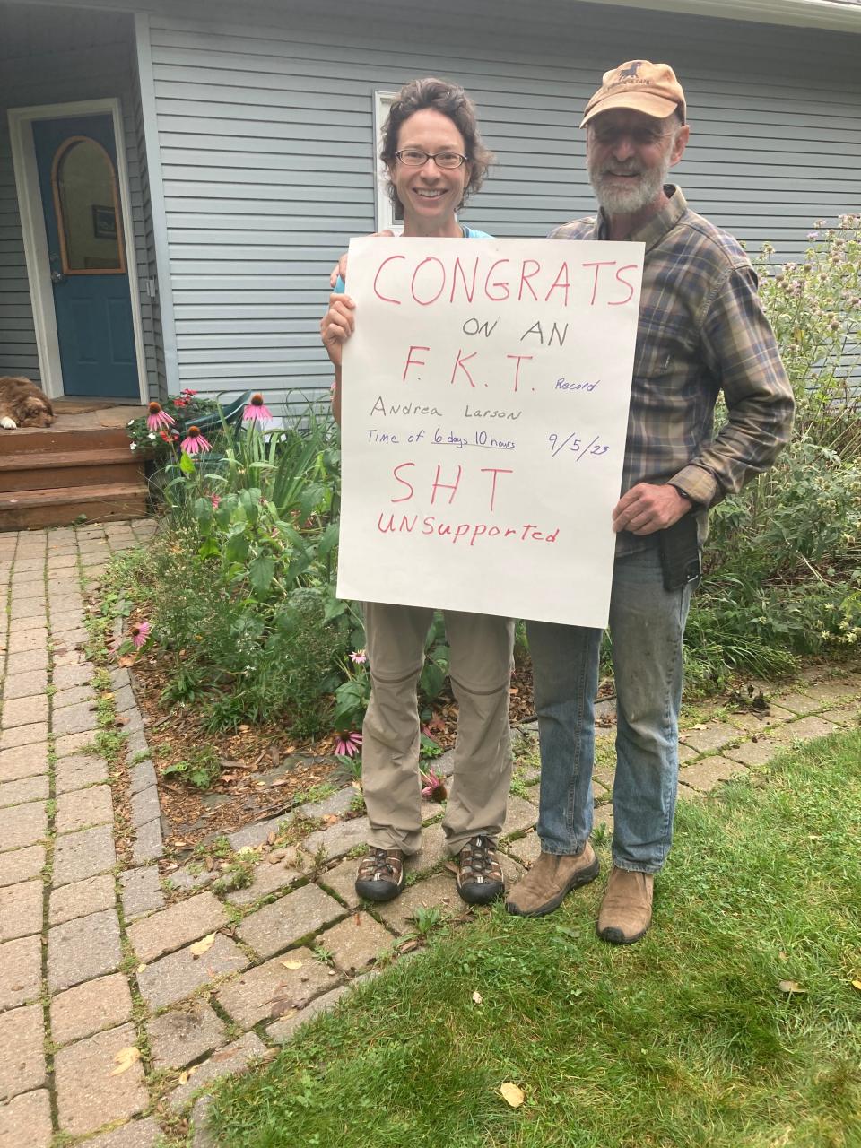 Andrea Larson poses with ultrarunner Michael Koppy, who also set a FKT on the Superior Hiking Trail. Koppy gave Larson tips on how to successfully set the record.