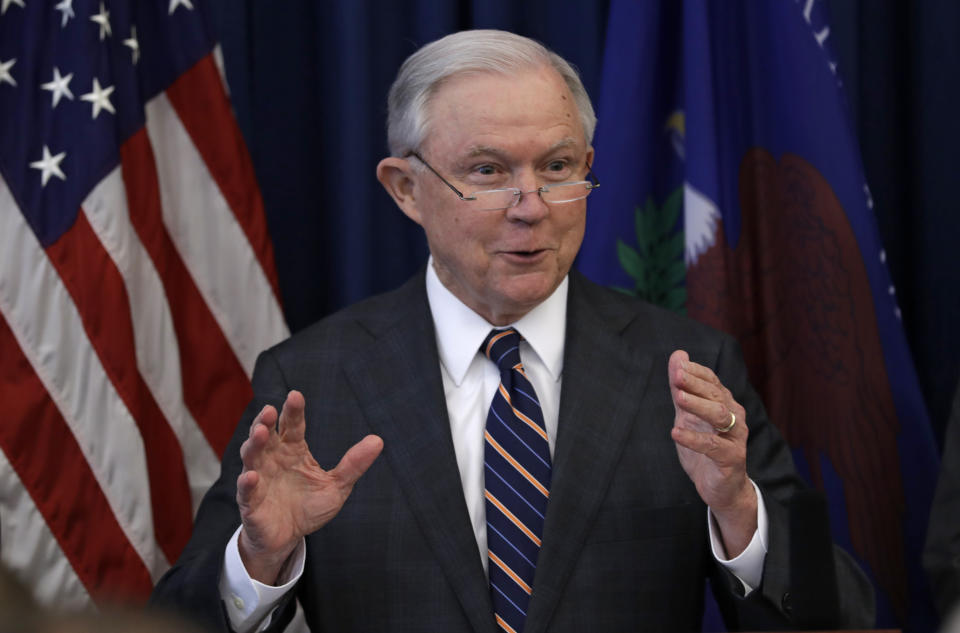 FILE - In this Aug. 22, 2018, file photo, Attorney General Jeff Sessions speaks during a news conference regarding the country's opioid epidemic in Cleveland. Sessions has pushed President Donald Trump's agenda at the Justice Department and spent 20 years before that as a champion of conservative causes in the Senate. (AP Photo/Tony Dejak, File)