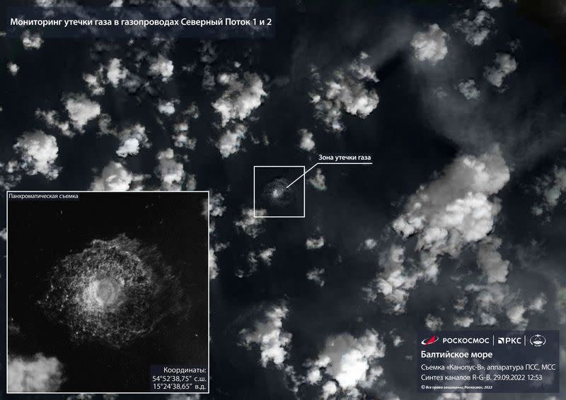 FILE PHOTO: A satellite image shows gas leaks from Nord Stream pipeline in the Baltic Sea