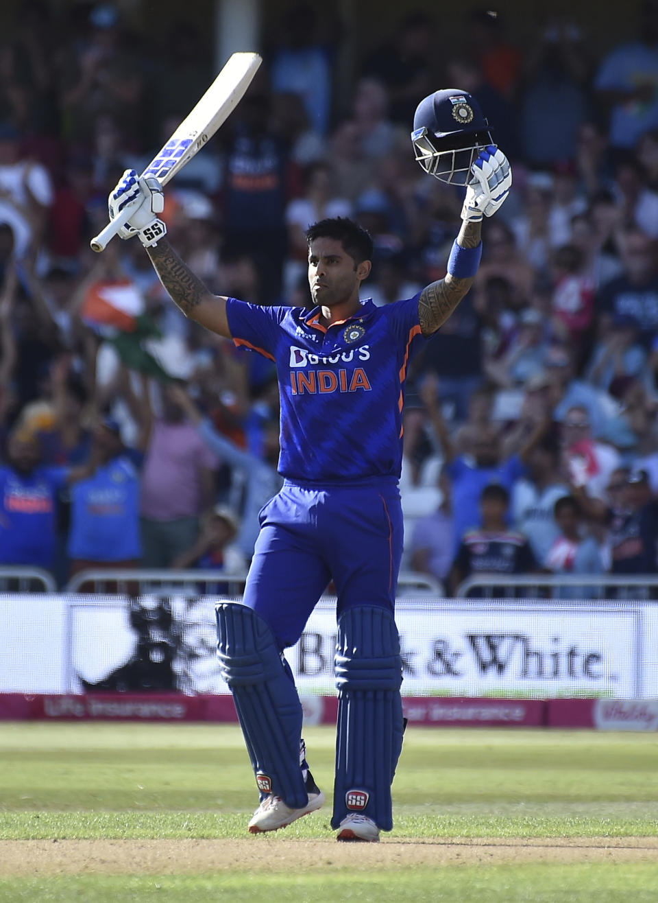 India's Suryakumar Yadav celebrates after reaching a century during the third T20 international cricket match between England and India at Trent Bridge in Nottingham, England, Sunday, July 10, 2022. (AP Photo/Rui Vieira)