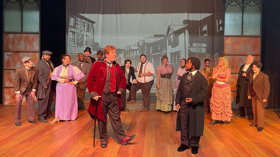 Theatre Tallahassee's "Drood" production with the Chairman (Patrick Vaughn) and John Jasper (Kai Colson) front and center, running Aug. 11-28, 2022.