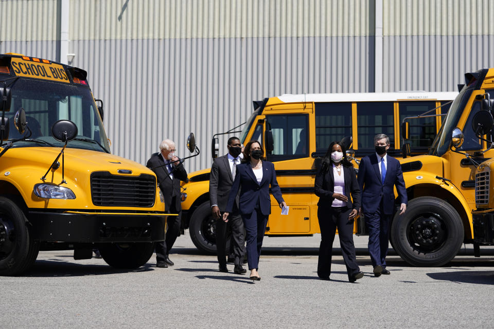 Vice President Kamala Harris tours Thomas Built Buses, Monday, April 19, 2021, in High Point, N.C. Harris is joined by EPA Administrator Michael Regan, North Carolina Gov. Roy Cooper, Leslie Kilgore Vice President of Engineering, Rep. David Price, D-NC. (AP Photo/Carolyn Kaster)