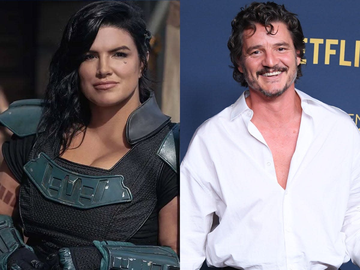 A composite photo of Gina Carano as Cara Dune in "The Mandalorian" and Pedro Pascal at an awards show.