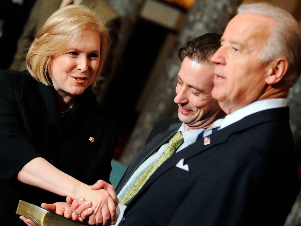Sen. Kirsten Gillibrand shakes hands with then-Vice President Biden during a reenactment of her swearing-in ceremony in January 2009.
