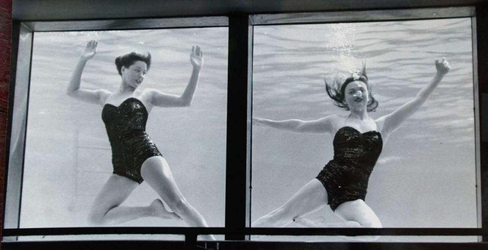 Sally Young, a la izquierda, actúa en el ballet subacuático de The Hacienda Motel en una foto de los años 50 junto a Mary Leach (Wren) .