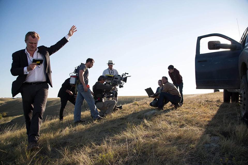 Christopher Nolan, Mackenzie Foy, Matthew McConaughey and Timothée Chalamet on the set of 'Interstellar', 2014