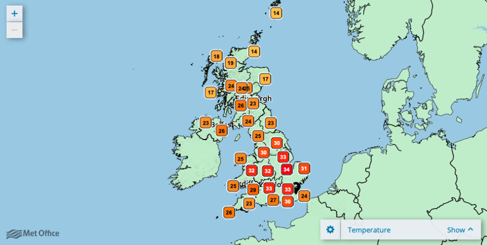 Temperatures across England are set to reach the mid-30s over the weekend and into next week. (Met Office)