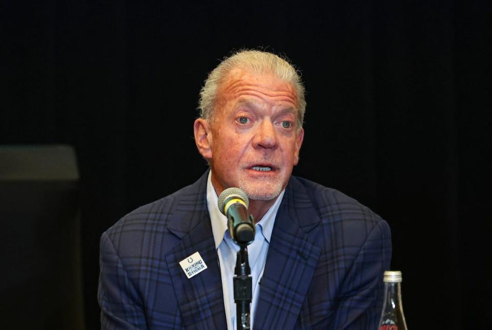 Jim Irsay, shown in this March 2023 file photo, revisited the time he was shown in a 2014 arrest video struggling to recite the alphabet, and staggering when asked to walk in a straight line.