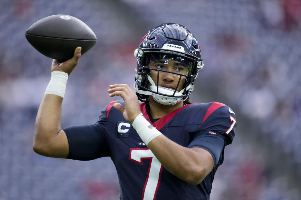 Houston Texans quarterback C.J. Stroud works out prior to an NFL football game against the Tampa Bay Buccaneers, Sunday, Nov. 5, 2023, in Houston. (AP Photo/Eric Christian Smith)