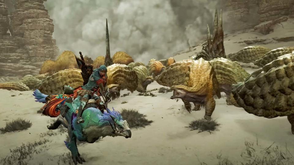 Monster Hunter Wilds riding Seikret through herd.