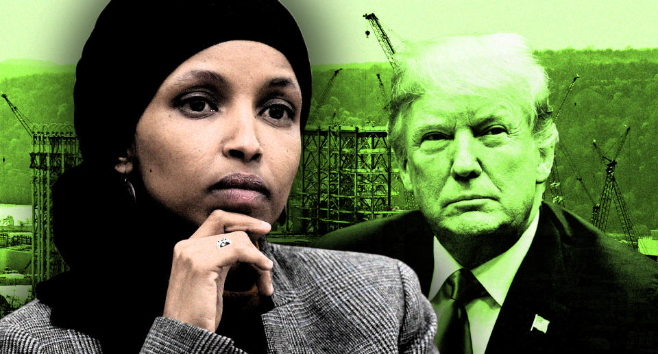 Rep. Ilhan Omar, President Trump and a petrochemical plant being built on the banks of the Ohio River in Monaca, Pa.  (Photo illustration: Yahoo News; photos: AP (2), Gene J. Puskar/AP)