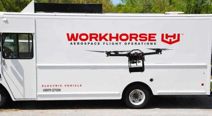 Image of a Workhorse (WKHS) logo and drone on the side of a truck.