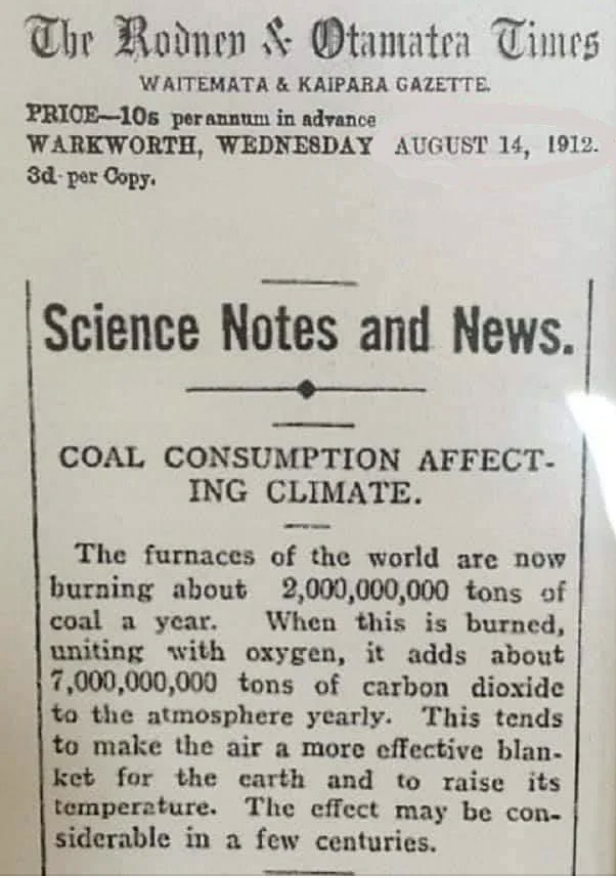 Old newspaper clipping from The Rodney & Otamatea Times. Headline: Science Notes and News. Article about coal consumption affecting climate, dated August 14, 1912