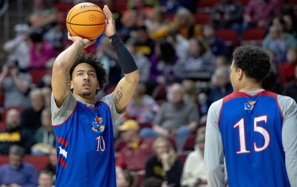 Kansas forward Jalen Wilson (10) shoots during a team shoot around a day ahead of Kansas’ first round game against Howard in the NCAA college basketball tournament Wednesday, March 15, 2023, in Des Moines, Iowa.