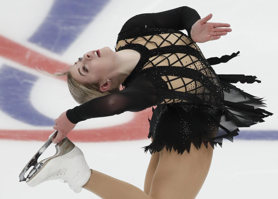 Gracie Gold of the United States performs in the ladies short program during the ISU Grand Prix of Figure Skating Rostelecom Cup in Moscow, Russia, Friday, Nov. 16, 2018. (AP Photo/Pavel Golovkin)