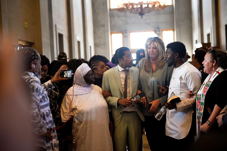 Justin Jones, D-Nashville, arrives at the Tennessee State Capitol with Gloria Johnson, D-Knoxville, after Nashville's Metro Council reappointed him to the House of Representatives on April 10 after his expulsion April 6.