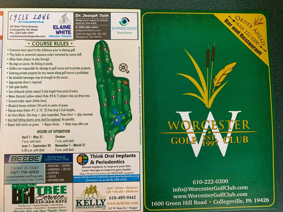 The front and back covers of the scorecard for the Worcester Golf Club in Collegeville, Pennsylvania.